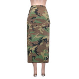 Relaxed Camouflage-print Pocket Slit Midi Skirt