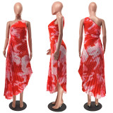 Summer New Sexy One-shoulder Print Pleated Dress
