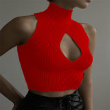 Sexy Spice Girl High Neck Strapless Hollow Solid Color Vest
