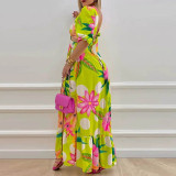 Fashion Deep V Printed Slit Backless Dress