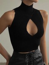 Sexy Spice Girl High Neck Strapless Hollow Solid Color Vest