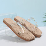 Trendy Flat Square Toe Pearl Sandals