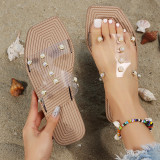 Trendy Flat Square Toe Pearl Sandals