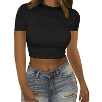 Fashion Exposed Navel Solid Color Round Neck Slim Fit Short-sleeved T-shirt