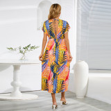 Fashionable Dolman Sleeve V-neck Open Back Printed Dress