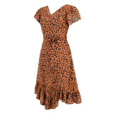 Fashion Slim V Neck Ruffle Short Sleeve Leopard Print Dress