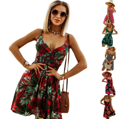 Fashionable V-neck Printed Suspender Waist Dress