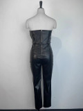 Sexy Strapless Tube Top Tight Waist PU Leather Jumpsuit