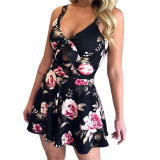 Sexy Suspenders Chest Bow Lace-up Print Loose Jumpsuit