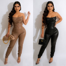 Sexy Strapless Tube Top Tight Waist PU Leather Jumpsuit