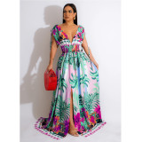 Ladies Fashion Floral Painted Sleeveless V Neck Dress
