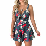Sexy Suspenders Chest Bow Lace-up Print Loose Jumpsuit
