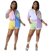 Fashion Stitching Short-sleeve Shirt Pocket Shorts Two-piece Set