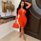 Summer Fashion Metal Decoration Solid Color Backless Sexy Jumpsuit