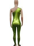 Sexy One-shoulder Solid Color Pleated One-piece Leather Pants