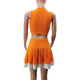 Fashion Casual Sexy Color Matching Slim Pleated Skirt Set