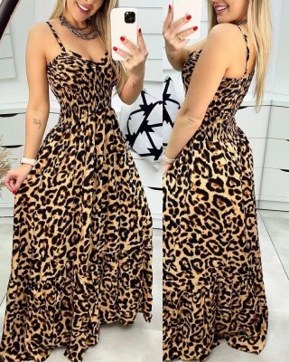 New Leopard Print Suspender V-neck High Waist Sexy Dress