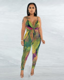 Spring And Summer Low Cut Sling Corrugated Print Sexy Jumpsuit