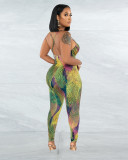 Spring And Summer Low Cut Sling Corrugated Print Sexy Jumpsuit