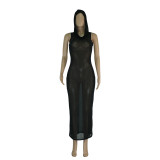 Spring And Summer Mesh Yarn See-through Hooded Beach Sunscreen Sexy Dress