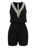 Casual Lace V-neck Solid Color Sleeveless Jumpsuit