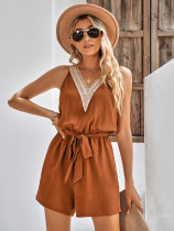 Casual Lace V-neck Solid Color Sleeveless Jumpsuit