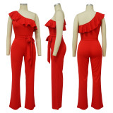 Solid Color One-shoulder Ruffle Jumpsuit (Including Waistband)
