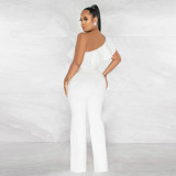 Solid Color One-shoulder Ruffle Jumpsuit (Including Waistband)