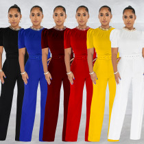 Fashion Ladies Solid Color Belt Short Sleeve Jumpsuit