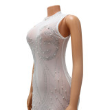 Sexy Net Yarn Hot Diamond Beaded See-through Dress