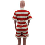 Striped Print Loose Wood Ear Casual Short-sleeved T-shirt Set