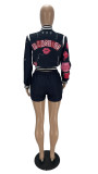 Fashion Printed Baseball Jacket Shorts Set