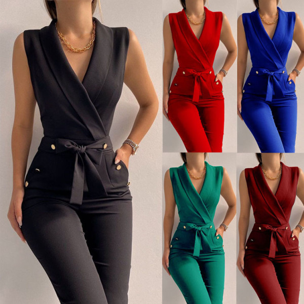 Fashion Button V-Neck Sleeveless Slim Fit Jumpsuit