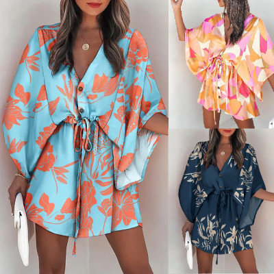 Fashion Loose V Neck Tie Printed Beach Dress