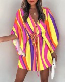 Fashion Loose V Neck Tie Printed Beach Dress