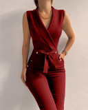 Fashion Button V-Neck Sleeveless Slim Fit Jumpsuit