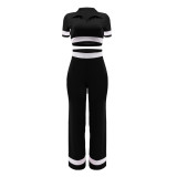 Casual V-neck Cropped Polo Shirt Straight Leg Sports Trousers Two-piece Set