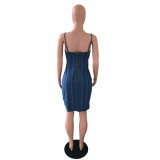 Fashion Suspender Stitching Denim Dress