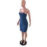 Fashion Suspender Stitching Denim Dress