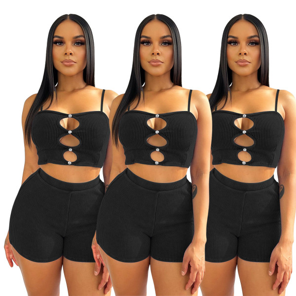 New Arrival Threaded Sling Hollow Out Shorts High Waist Casual Two-piece Set
