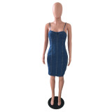 Fashion Suspender Stitching Denim Dress