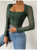 Slim Cropped Top Single Breasted Lace Sexy Slim Long Sleeve Bottom Shirt