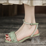 Fashion Plus Size Pearl Open Toe Buckle Block Heel Sandals