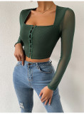 Slim Cropped Top Single Breasted Lace Sexy Slim Long Sleeve Bottom Shirt