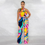 Printed Sexy Sleeveless Tie Jumpsuit