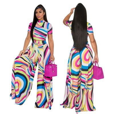 Fashion Printed Wide-leg Pants Short-sleeved Two-piece Suit