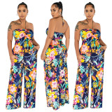 Spring And Summer Tube Top Suspenders Holiday Style Printed Wide-leg Jumpsuit