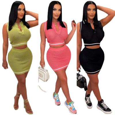 Fashion Knitted Color Contrast Skirt Set