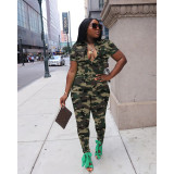 Solid Color Zipper Camouflage Fashion Casual Jumpsuit