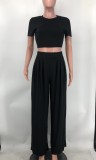 Fashion Navel Exposed Solid Color Wide-leg Pants Two-piece Set